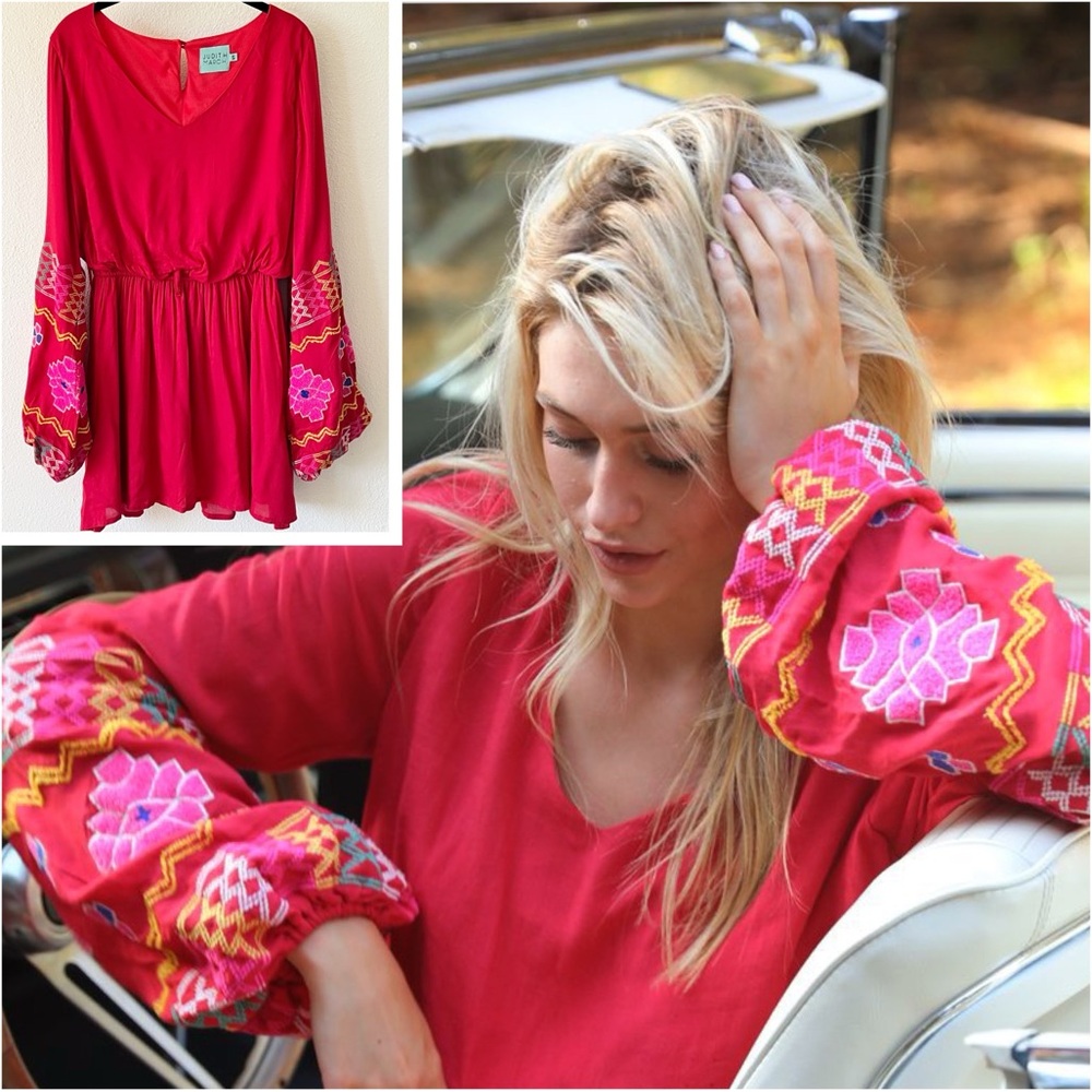 Judith March Women’s Size Small Red Floral Embroidered Balloon Sleeves Dress